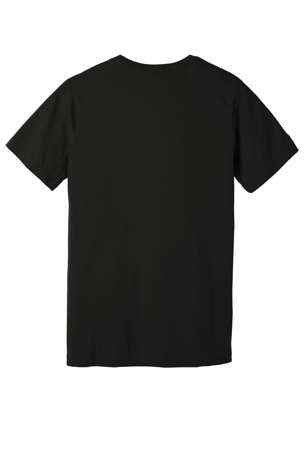 A black unisex jersey short sleeve V-neck tee with a plain back and no visible branding.
