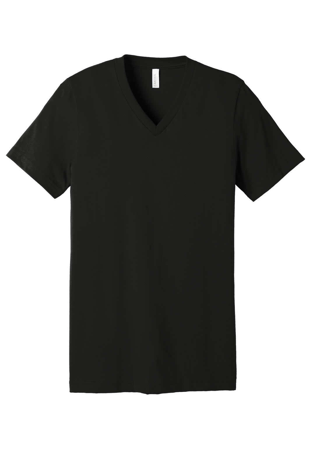 A black unisex jersey short sleeve v-neck tee with a tag and no visible logos.