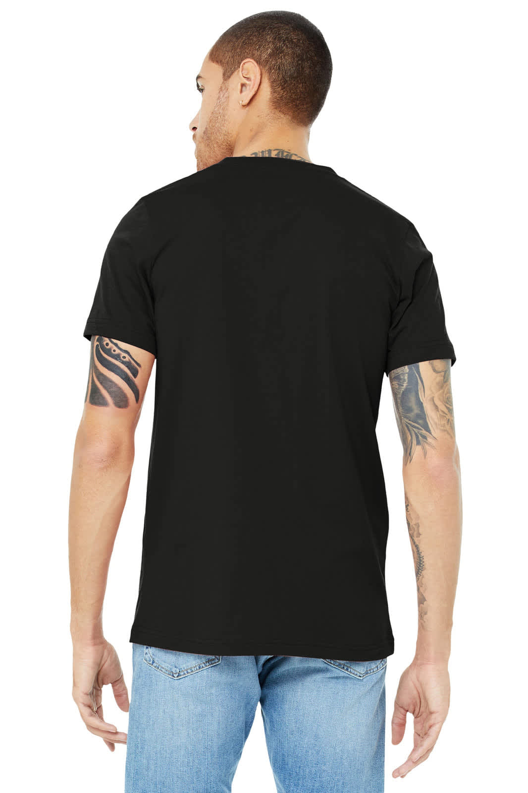 A unisex black short sleeve V-neck tee, featuring a simple design and a logo on the back.