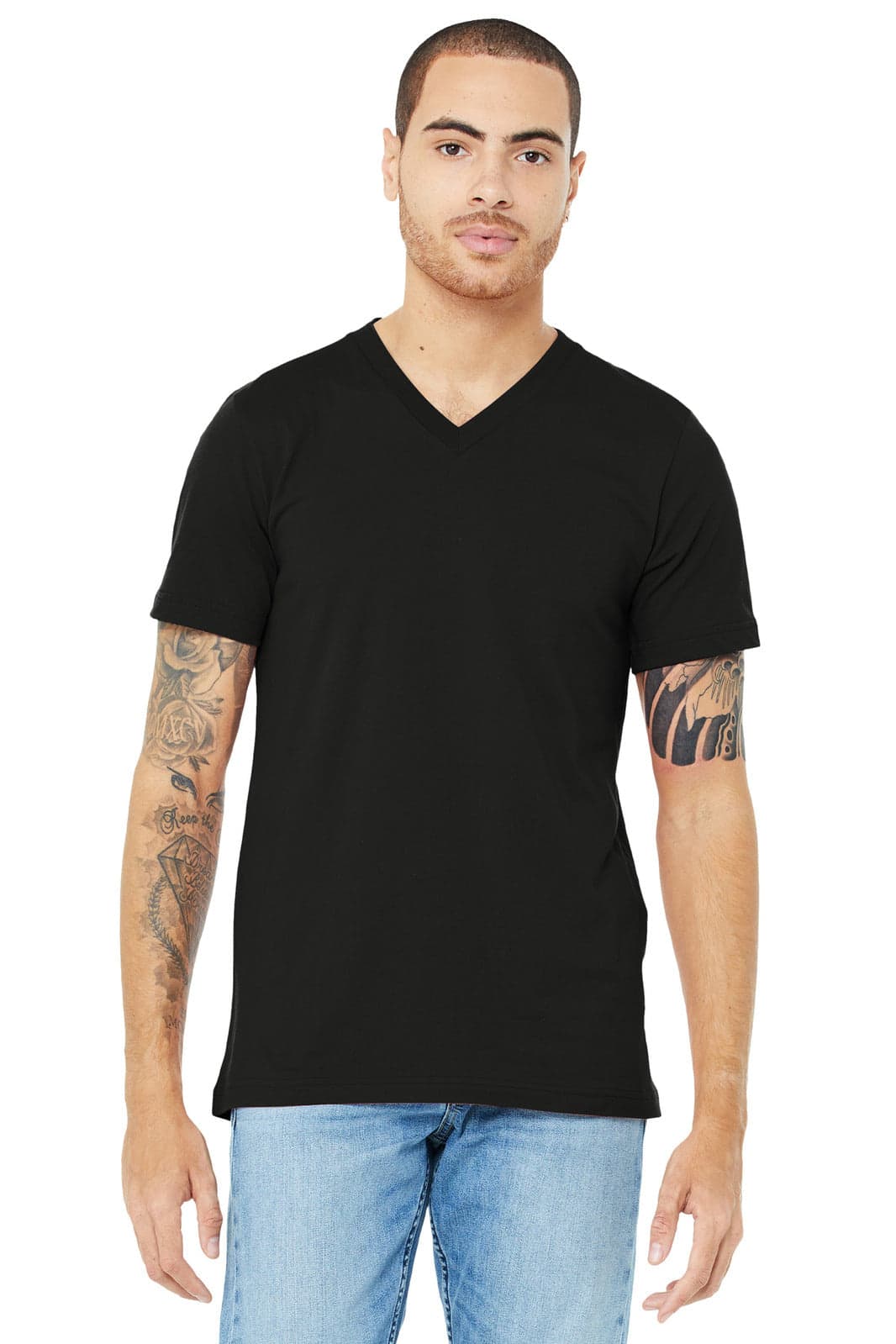 A black unisex jersey short sleeve V-neck tee displayed on a model with tattoos, featuring a logo.