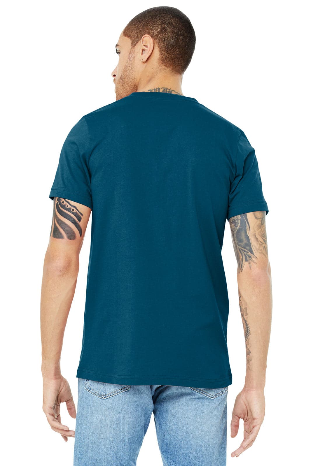 A unisex jersey short sleeve V-neck tee in teal, featuring a logo on the back.