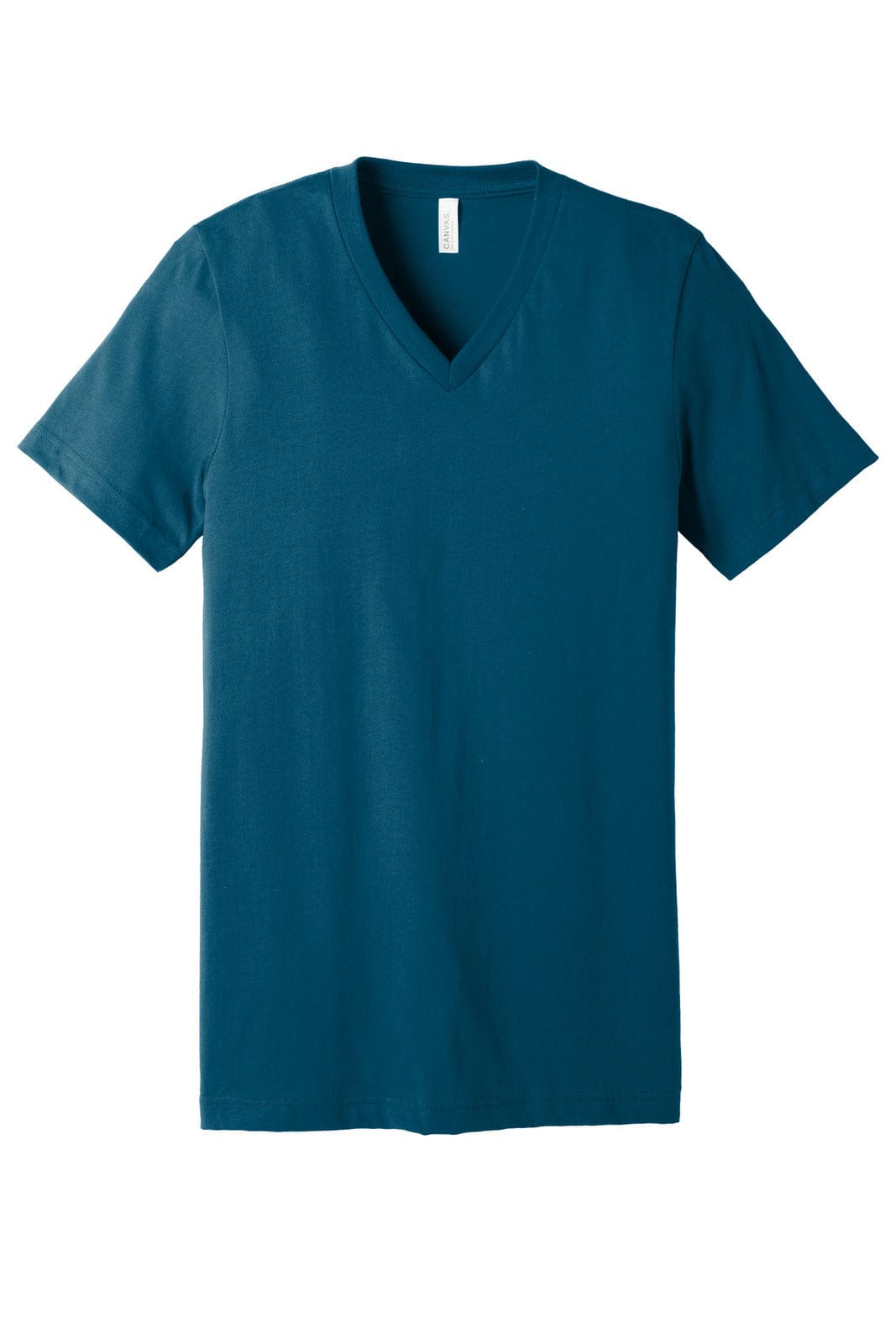 Teal unisex jersey short sleeve V-neck tee with a tag and no visible logos or branding.
