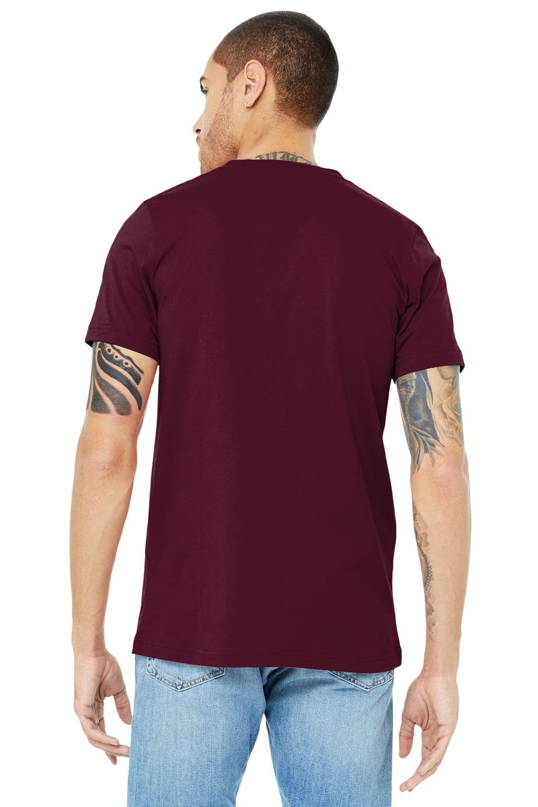 A unisex burgundy short sleeve V-neck tee, displayed from the back, featuring a logo.