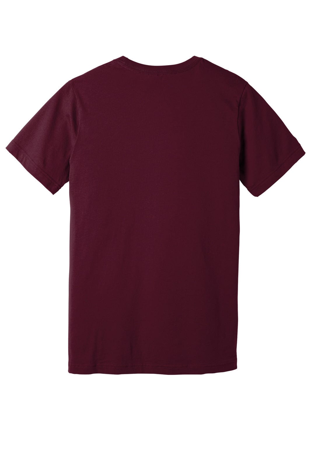 A maroon unisex jersey short sleeve v-neck tee with a plain back and a logo.