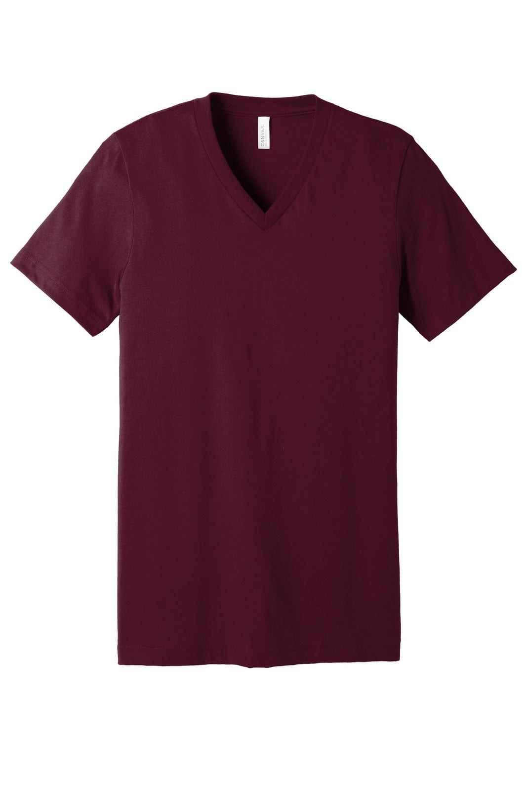 A maroon unisex jersey short sleeve V-neck tee, showcasing a simple design and a logo on the label.