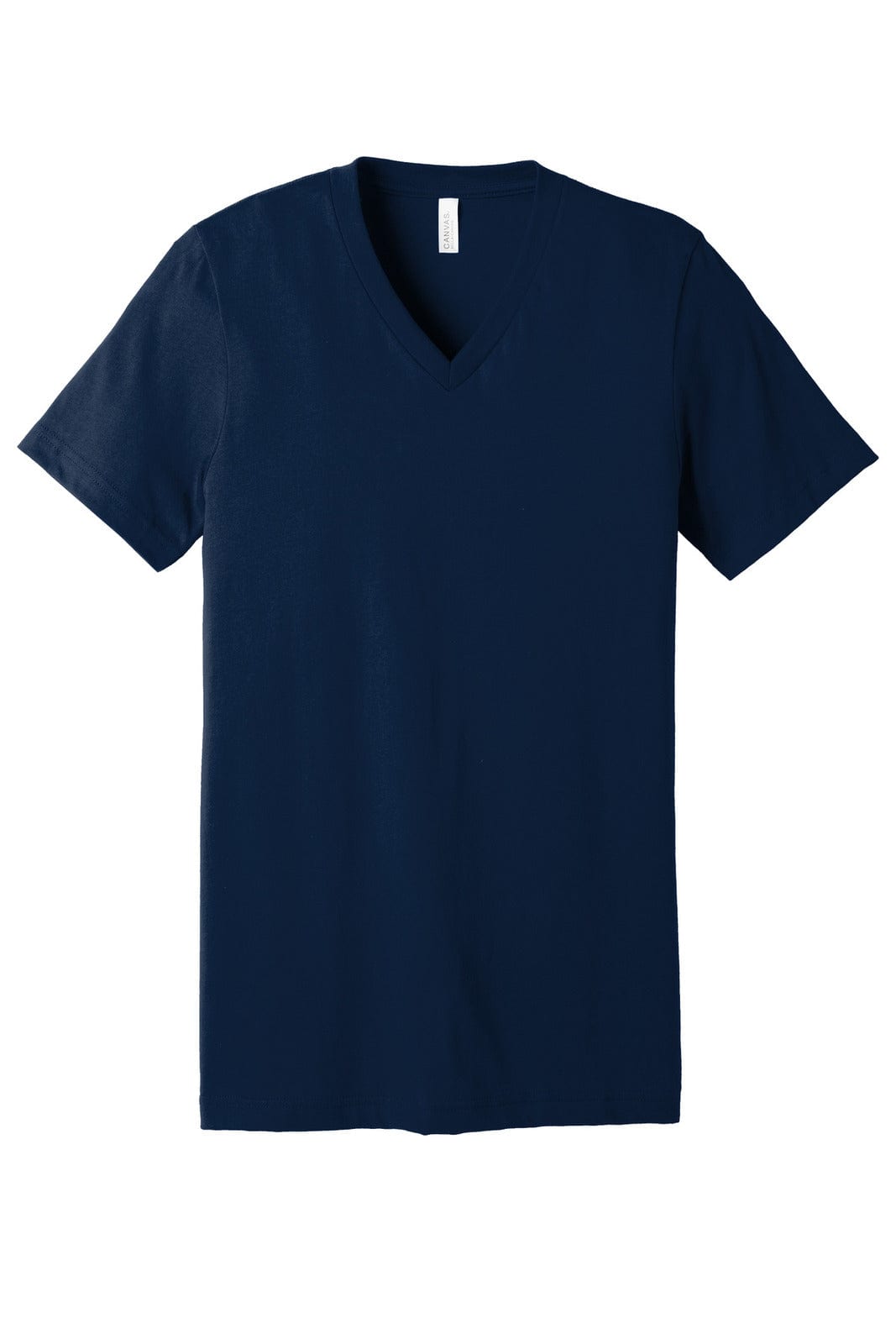 A navy blue unisex jersey short sleeve V-neck tee, featuring a label and a logo.