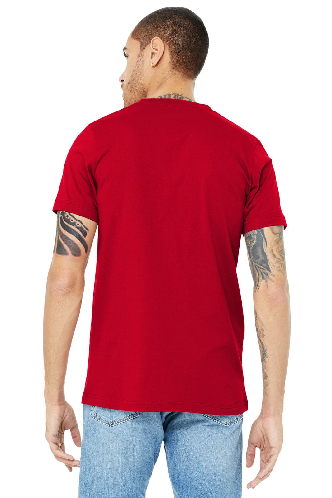 A red unisex jersey short sleeve v-neck tee viewed from the back, featuring a logo.