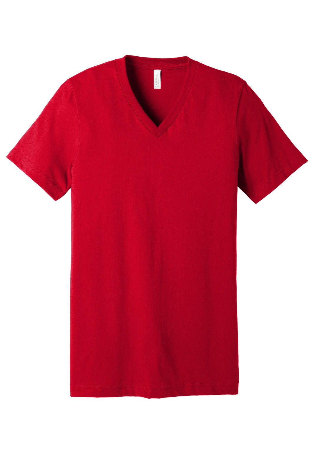 Red unisex jersey short sleeve v-neck tee, featuring a simple design and a label at the neck.