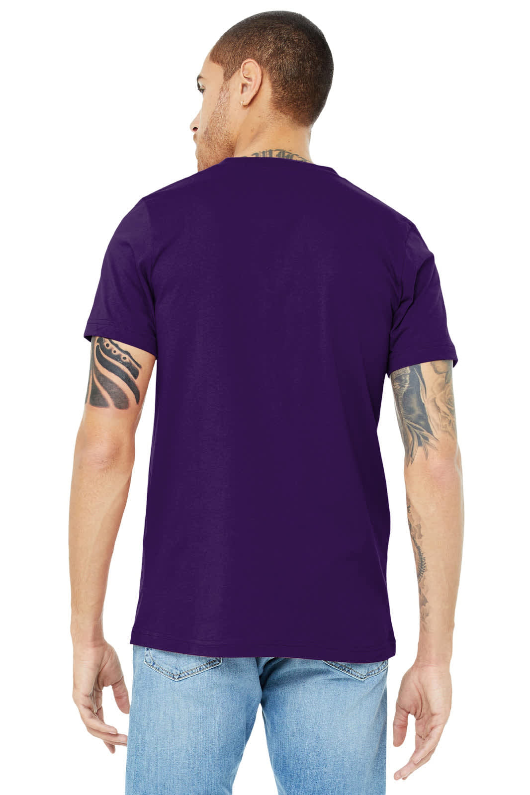A unisex jersey short sleeve V-neck tee in purple, featuring a brand logo, displayed from the back.