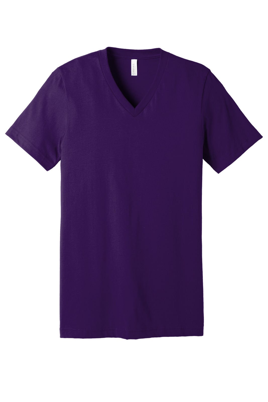 A purple unisex jersey short sleeve V-neck tee with a plain design and a label inside.