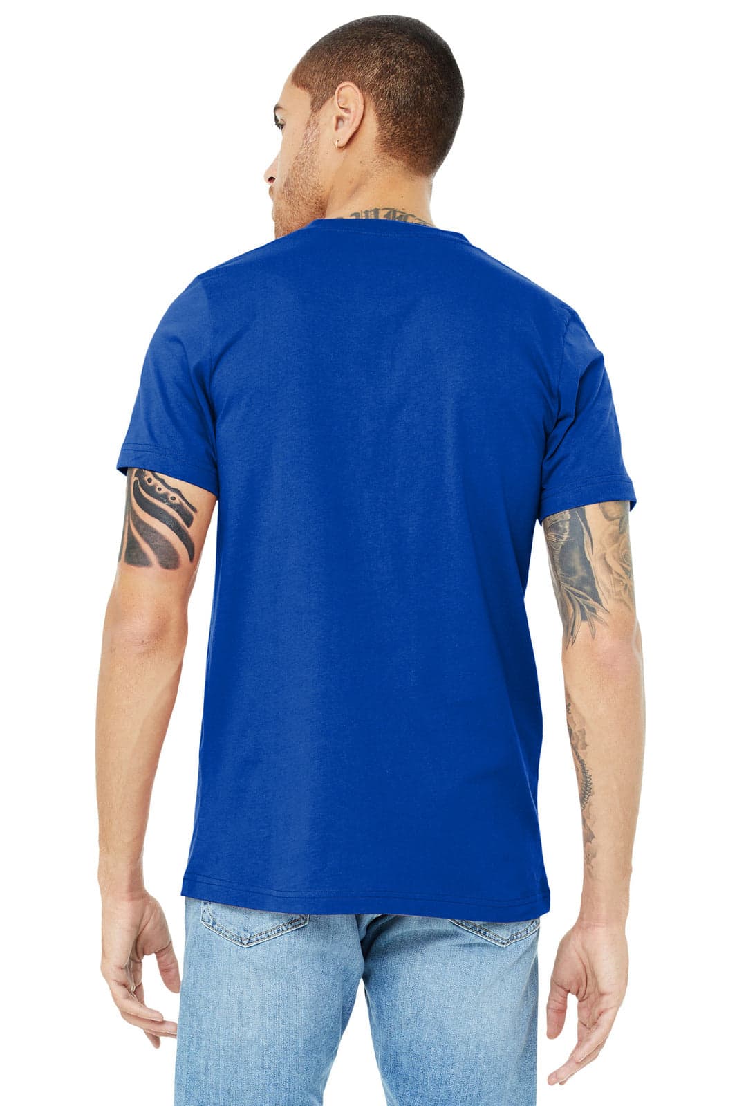 A blue unisex jersey short sleeve v-neck tee, featuring a plain back design and worn by a model.