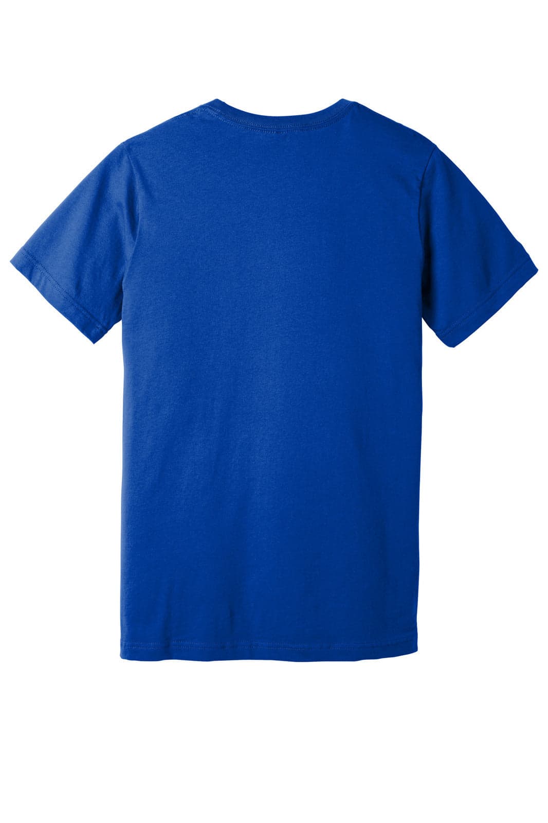 A blue Unisex Jersey Short Sleeve V-Neck Tee featuring a plain back and a logo.