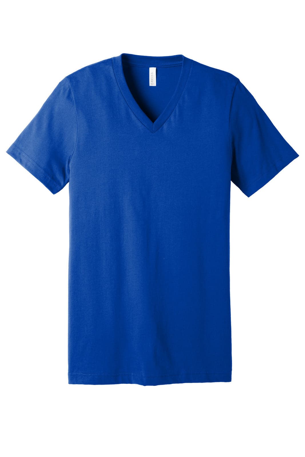 A blue unisex jersey short sleeve V-neck tee featuring a simple design and a label inside the neckline.