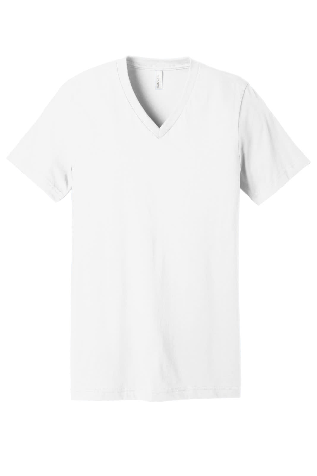 A white unisex jersey short sleeve V-neck tee. The shirt features simple design and has a logo on it.