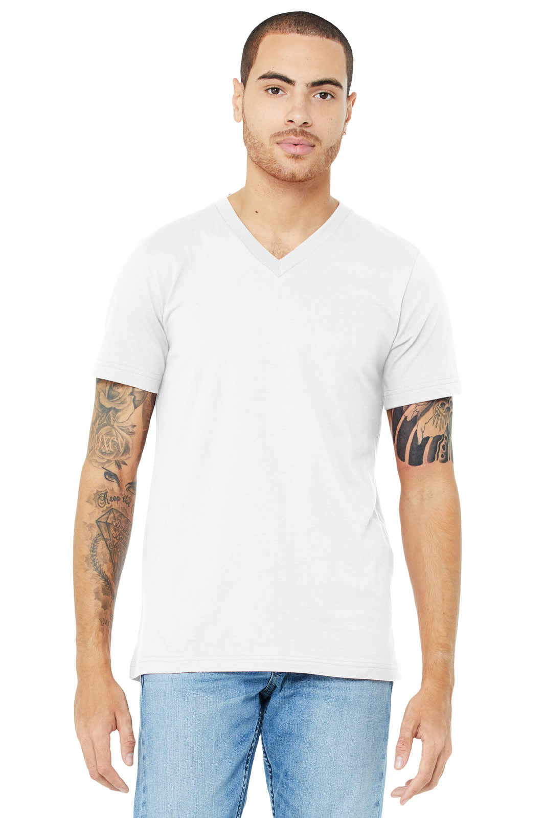 A light grey unisex jersey short sleeve v-neck tee worn by a model, displaying a simple design and a logo.