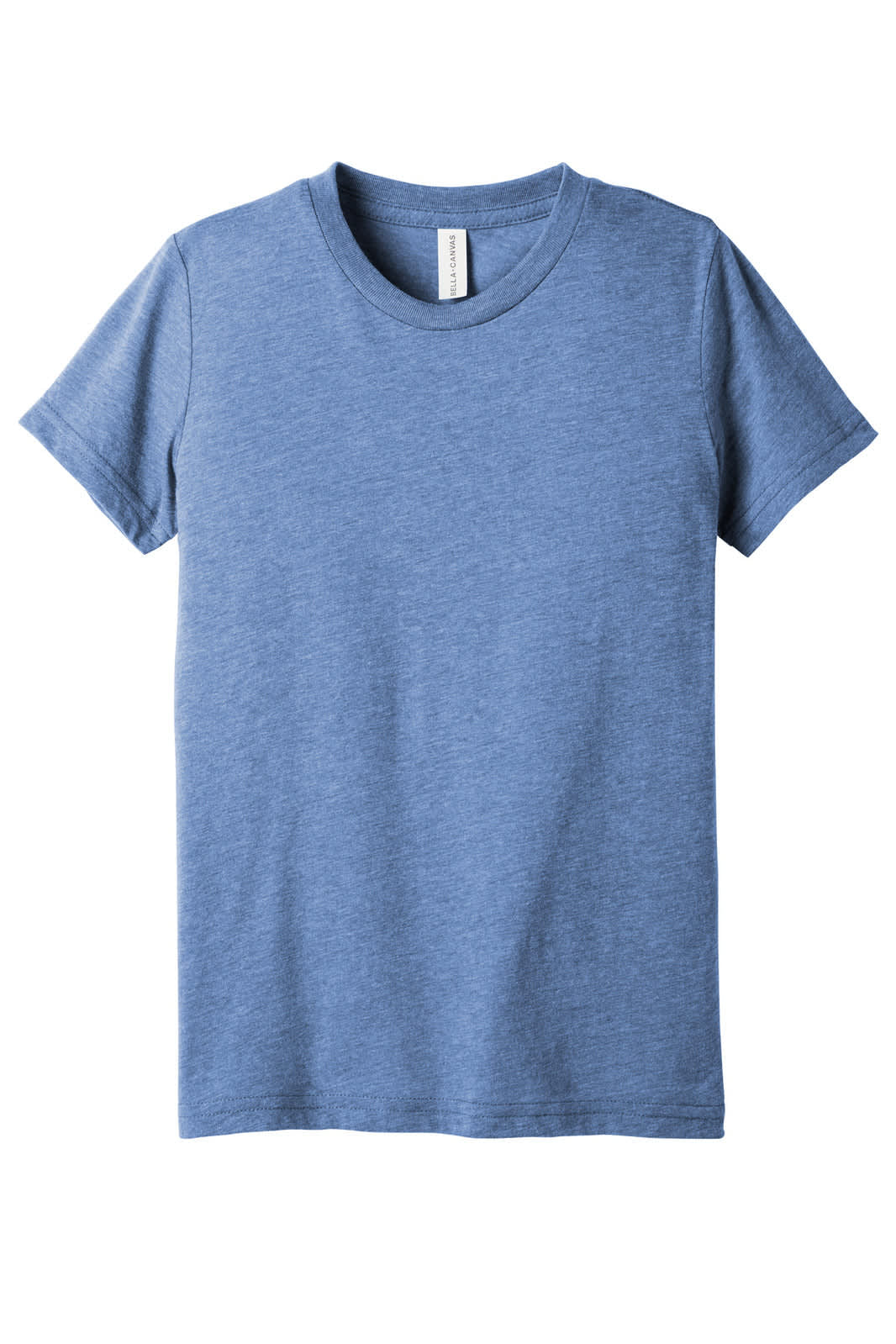 A youth triblend short sleeve tee in a blue hue, featuring a tag and a logo on the neckline.