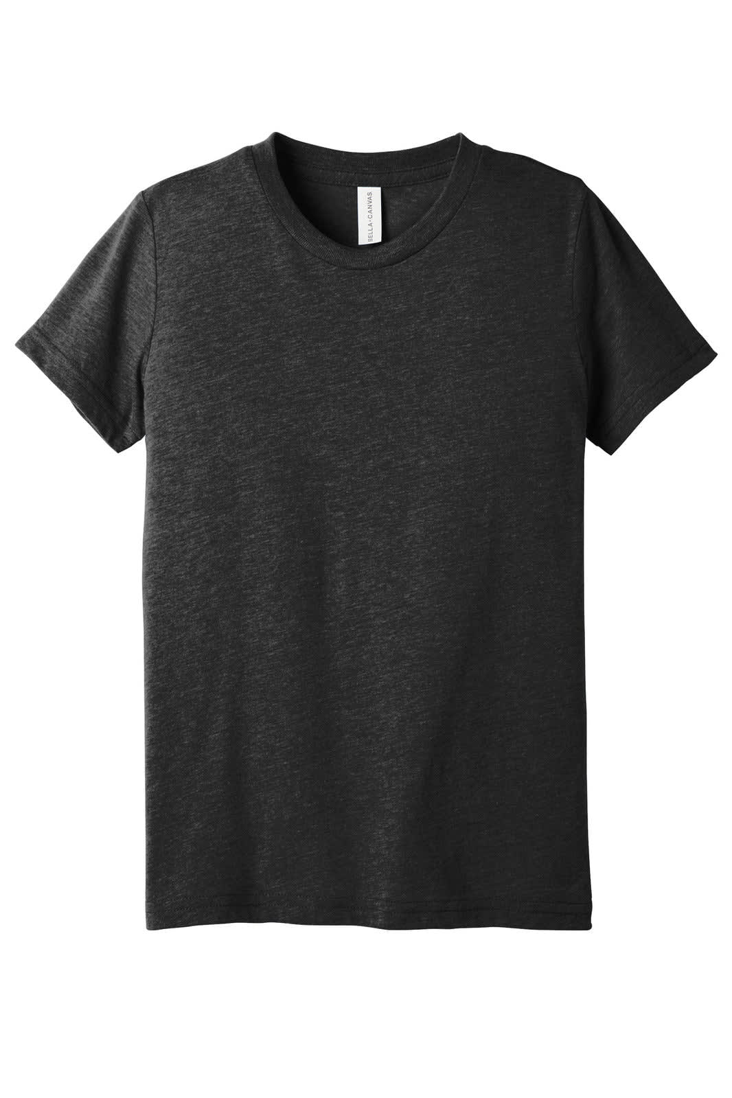 A grey youth triblend short sleeve tee with a round neckline and a branding label on the inside.