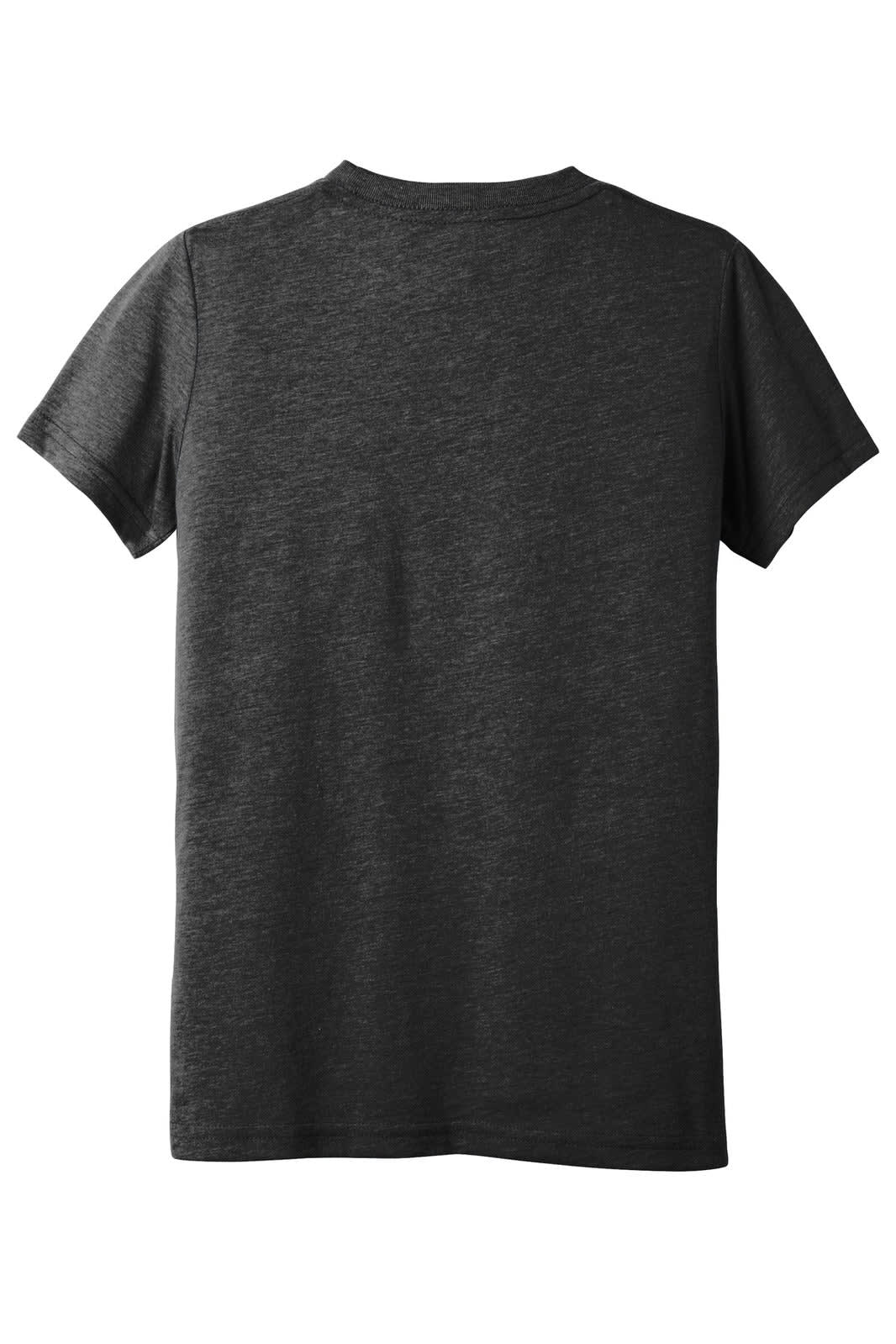 A youth triblend short sleeve tee in dark grey, featuring a plain back and a small logo at the hem.