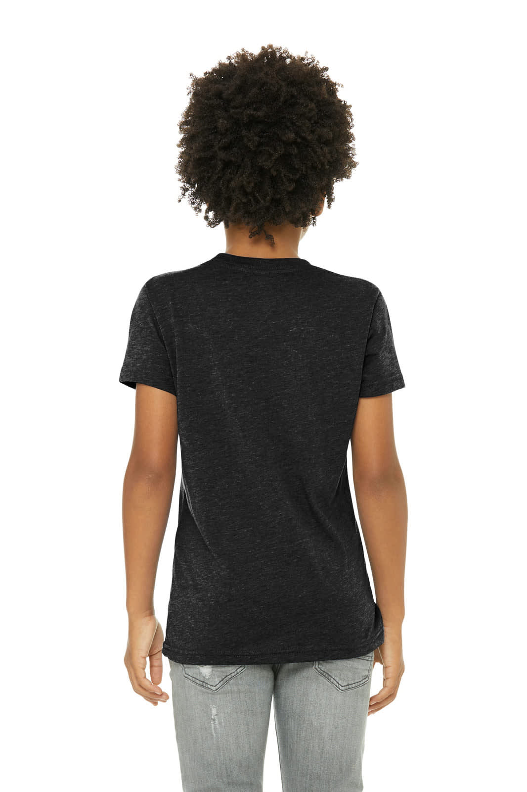 A black youth triblend short sleeve tee, featuring a simple back design and soft fabric texture.