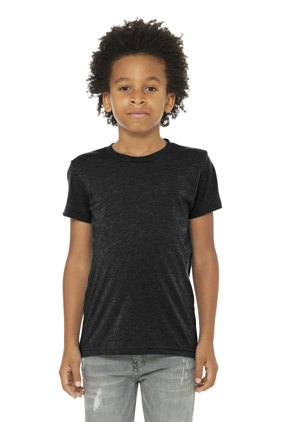 Youth triblend short sleeve tee in black, featuring a classic fit and a logo on the label.