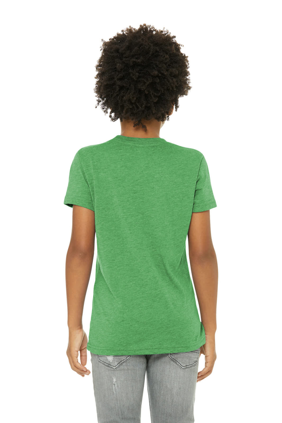 A plain green youth triblend short sleeve t-shirt with a simple design, featuring a logo on the back.