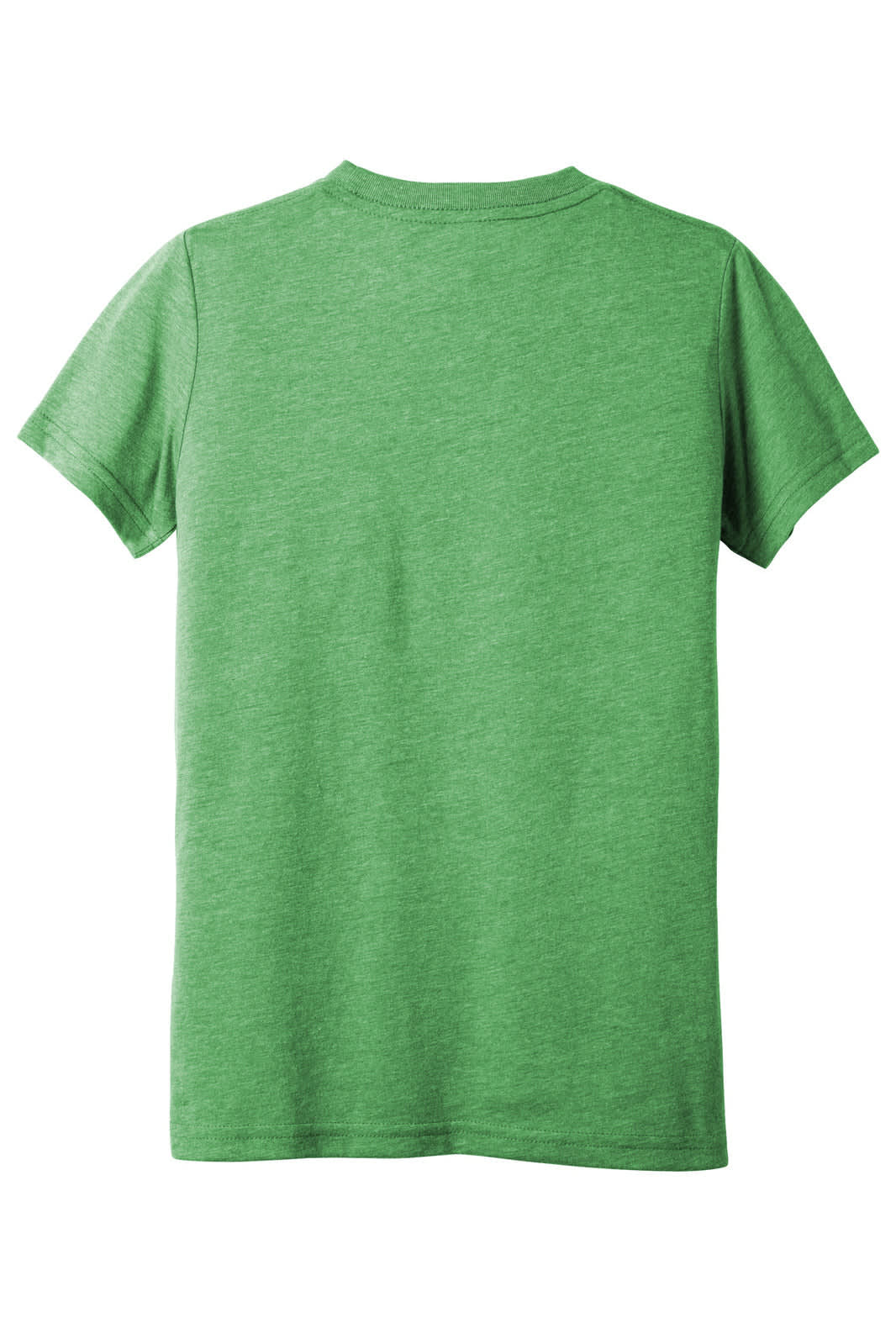A green youth T-shirt with a short sleeve and a plain back, featuring a logo.
