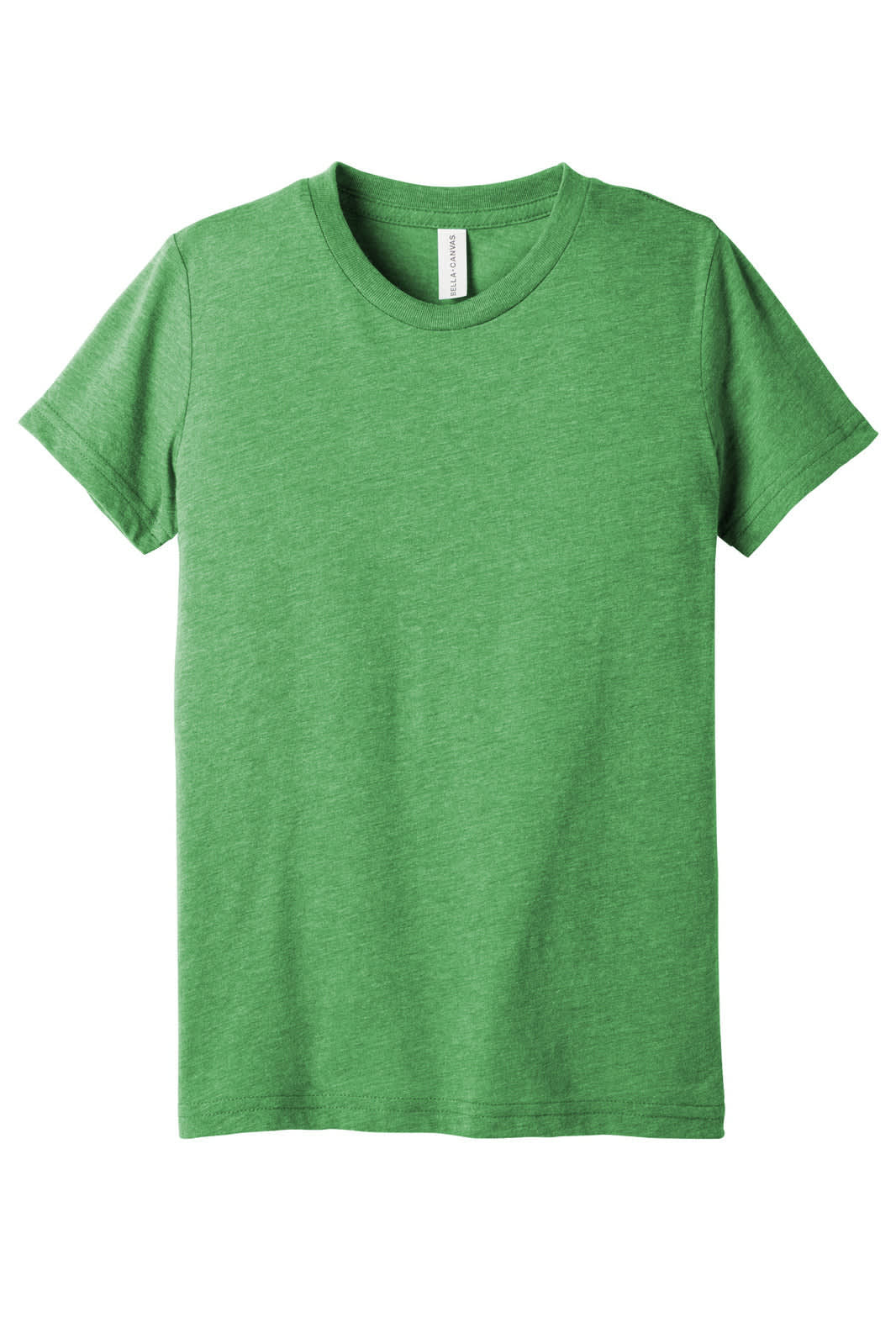 A green youth triblend short sleeve tee featuring a label and a simple design.