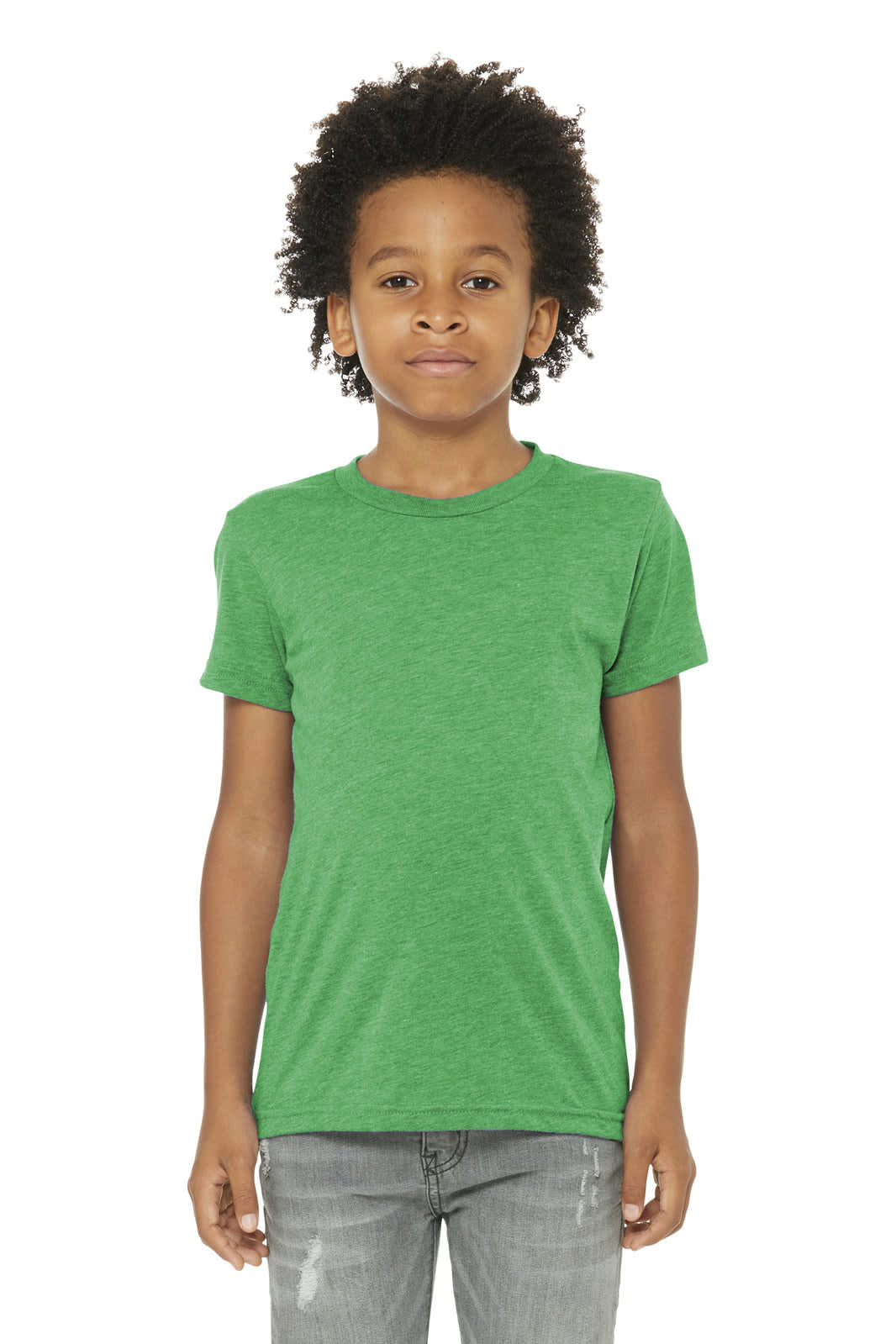 A green youth triblend short sleeve tee worn by a child, featuring a simple design and a logo.