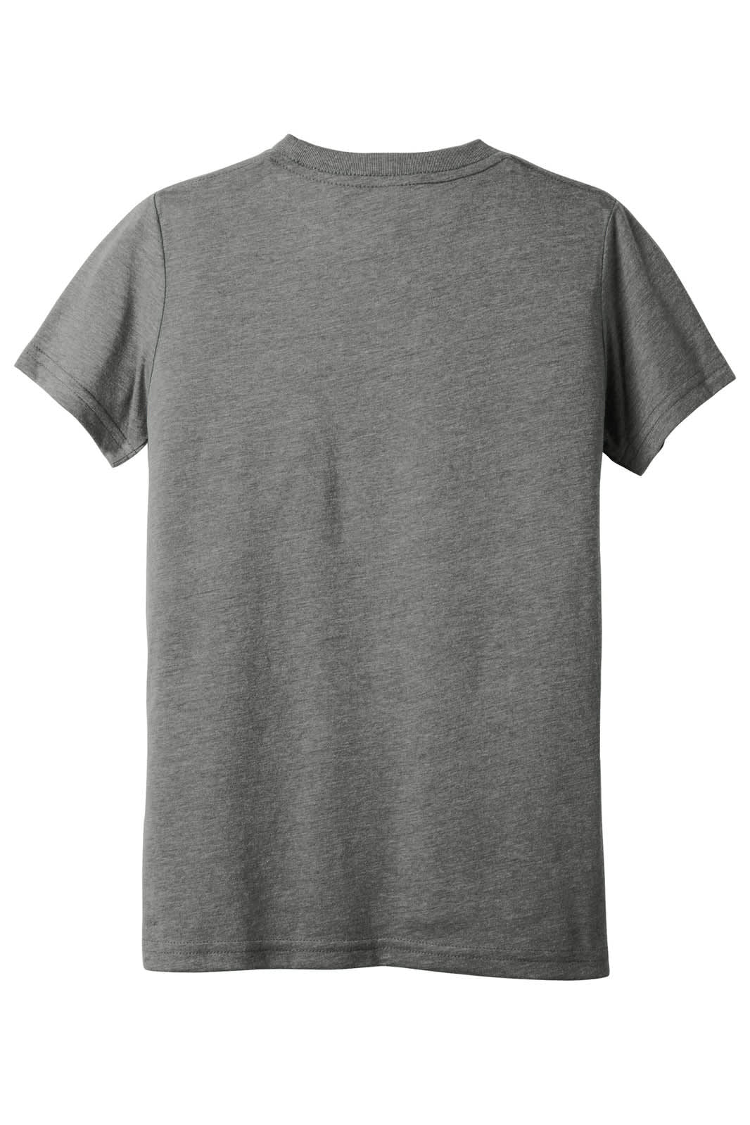 A youth triblend short sleeve tee in grey, featuring a plain back and a small logo on the neck area.