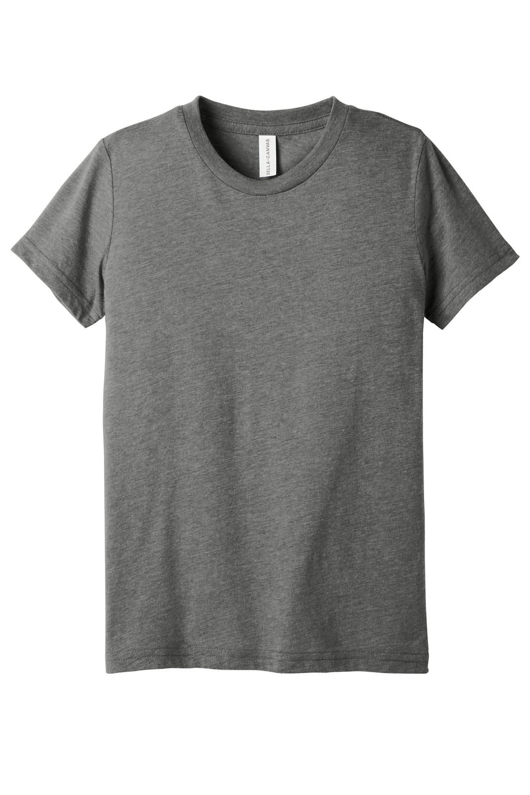A grey youth triblend short sleeve tee with a simple design and a logo label on the neckline.