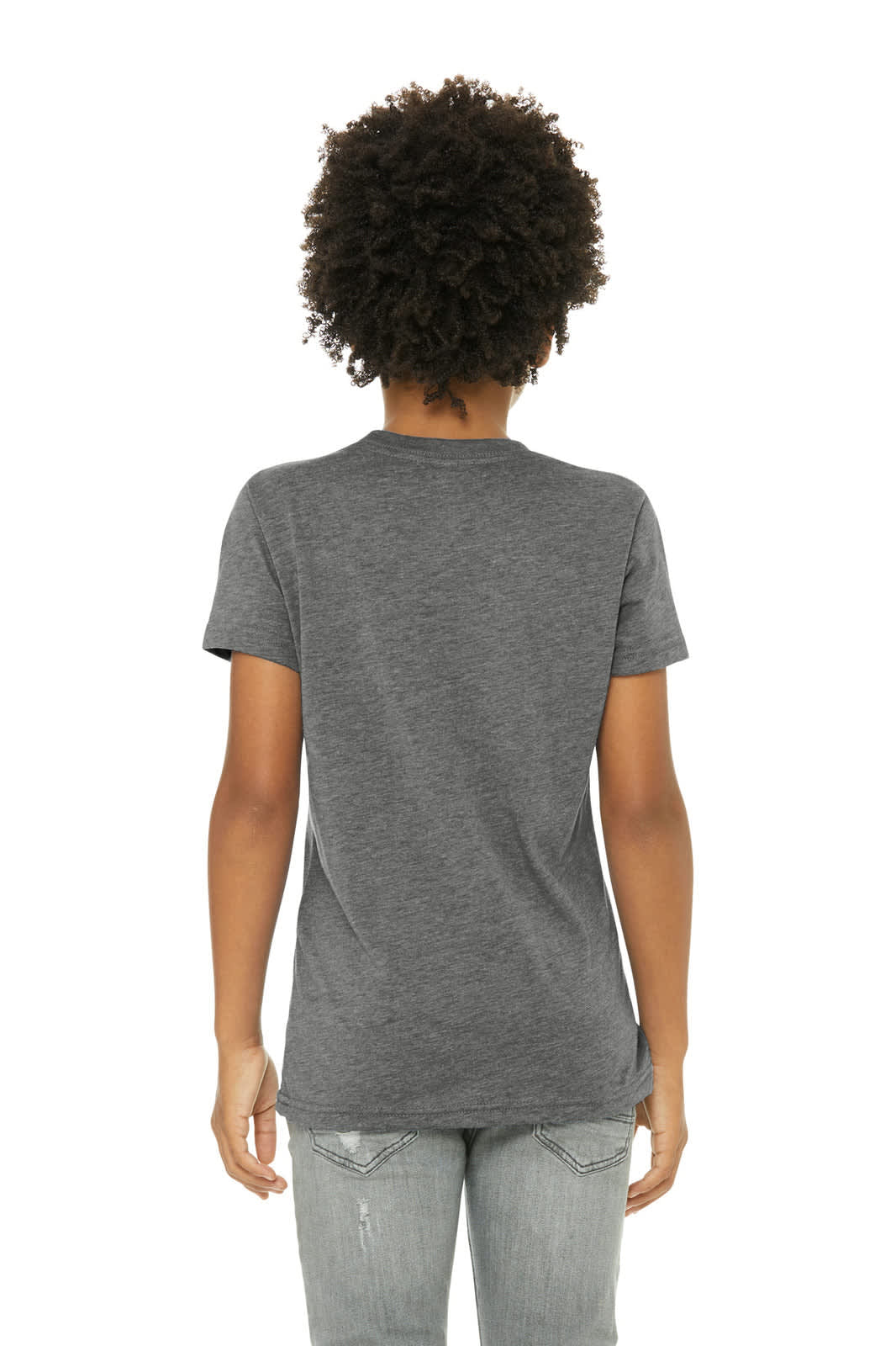 A youth triblend short sleeve tee in heather grey, featuring a simple back design and a small logo.