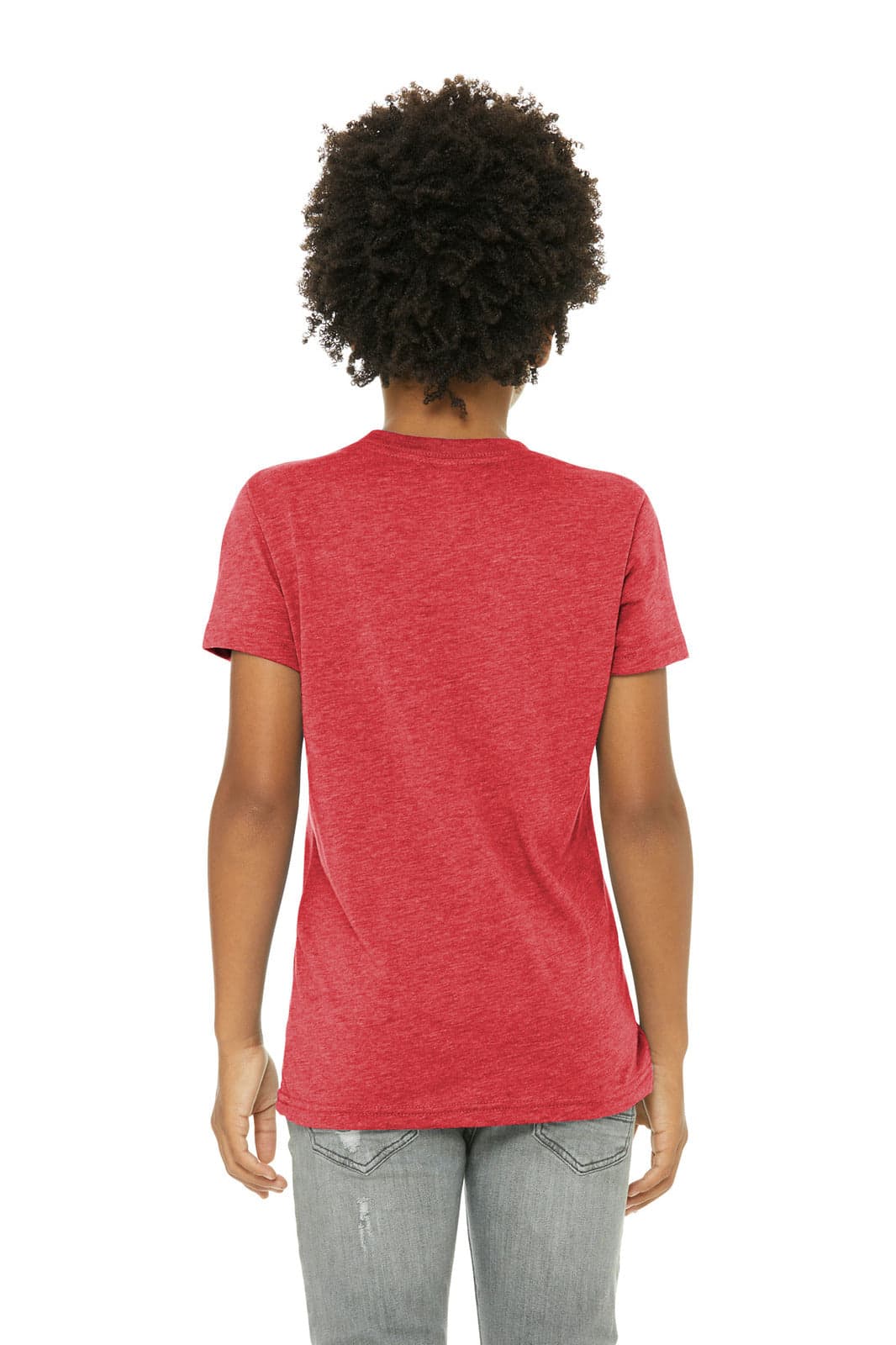 A red youth triblend short sleeve tee, featuring a back view of a person wearing it. The shirt has a logo.