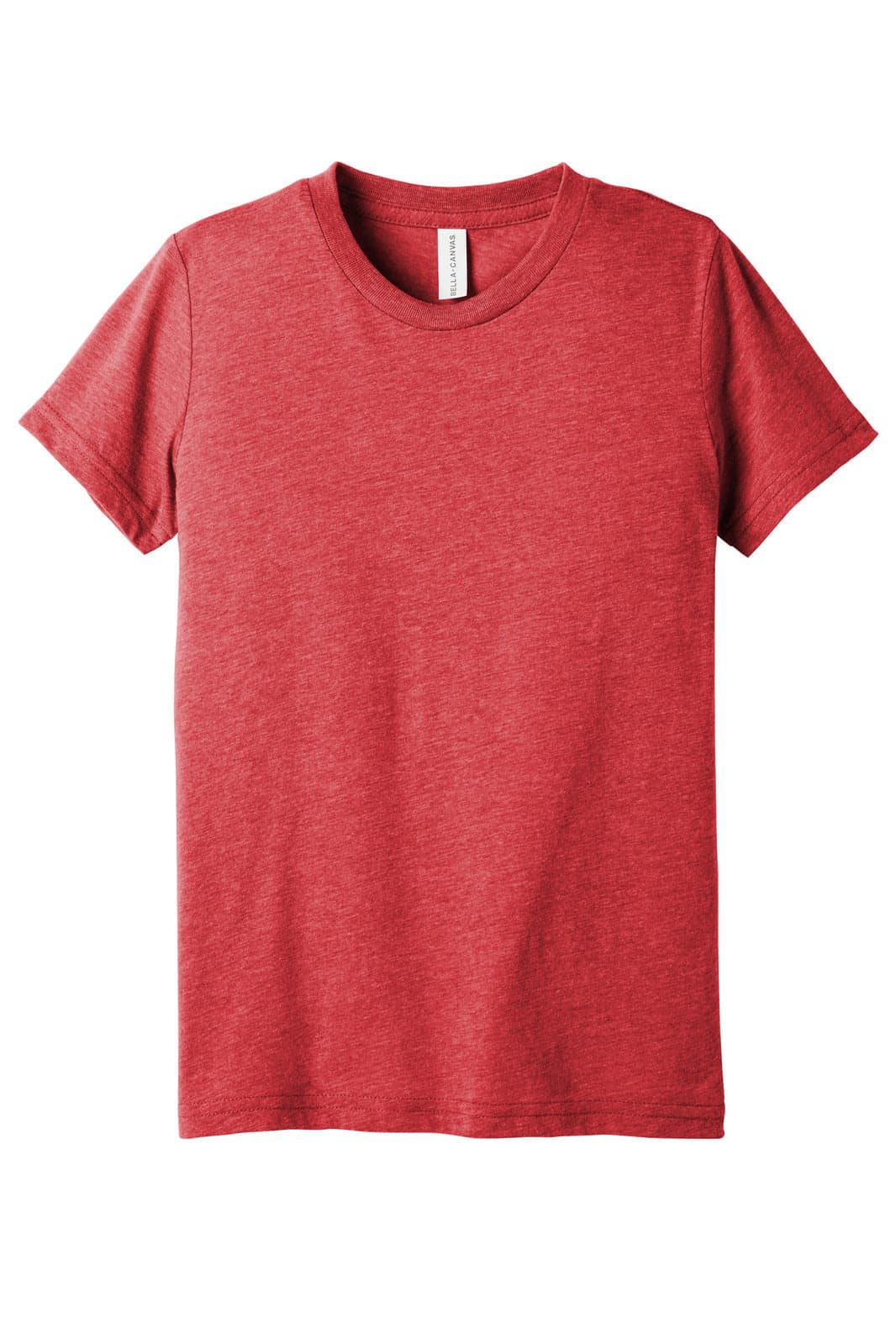 A red youth triblend short sleeve tee featuring a simple design and a label inside the neckline.