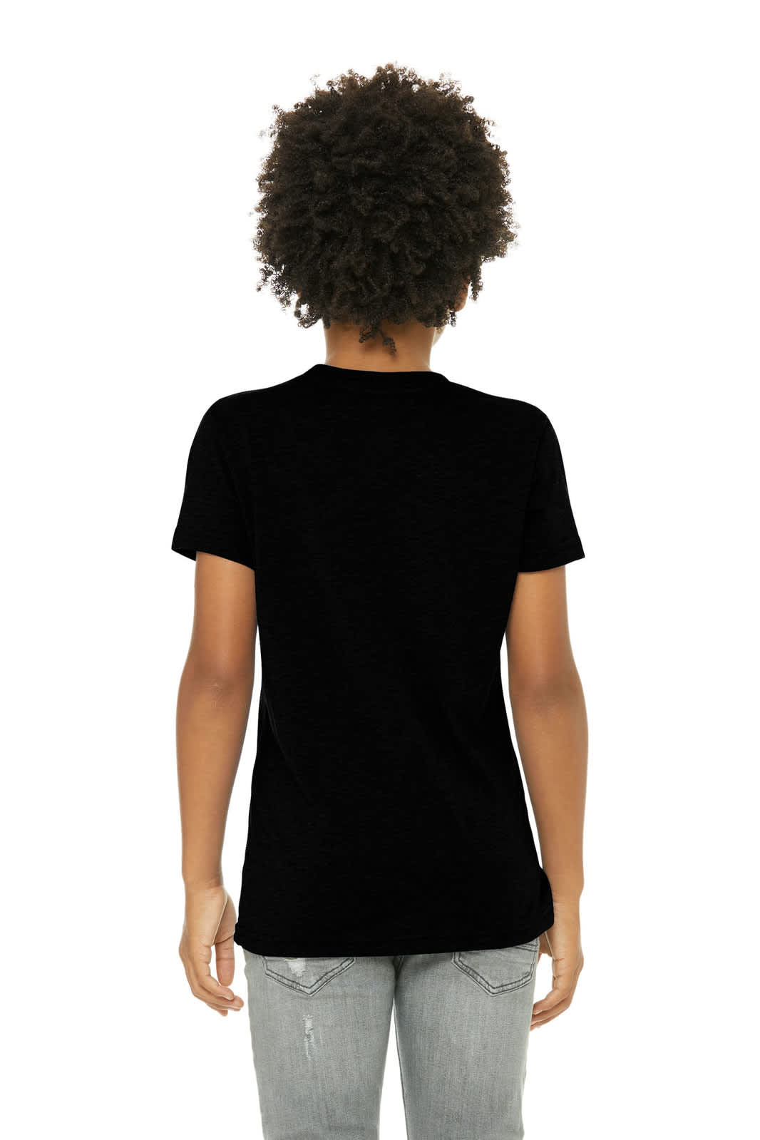 A black youth triblend short sleeve tee, featuring a simple design and a back view of the shirt.