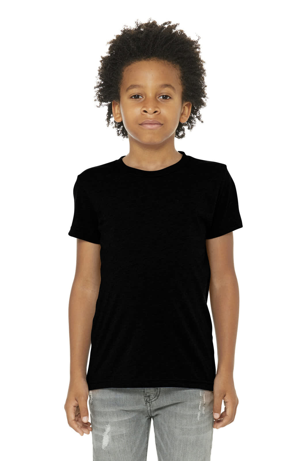 A youth black triblend short sleeve tee displayed on a child model with curly hair, featuring a slight logo.