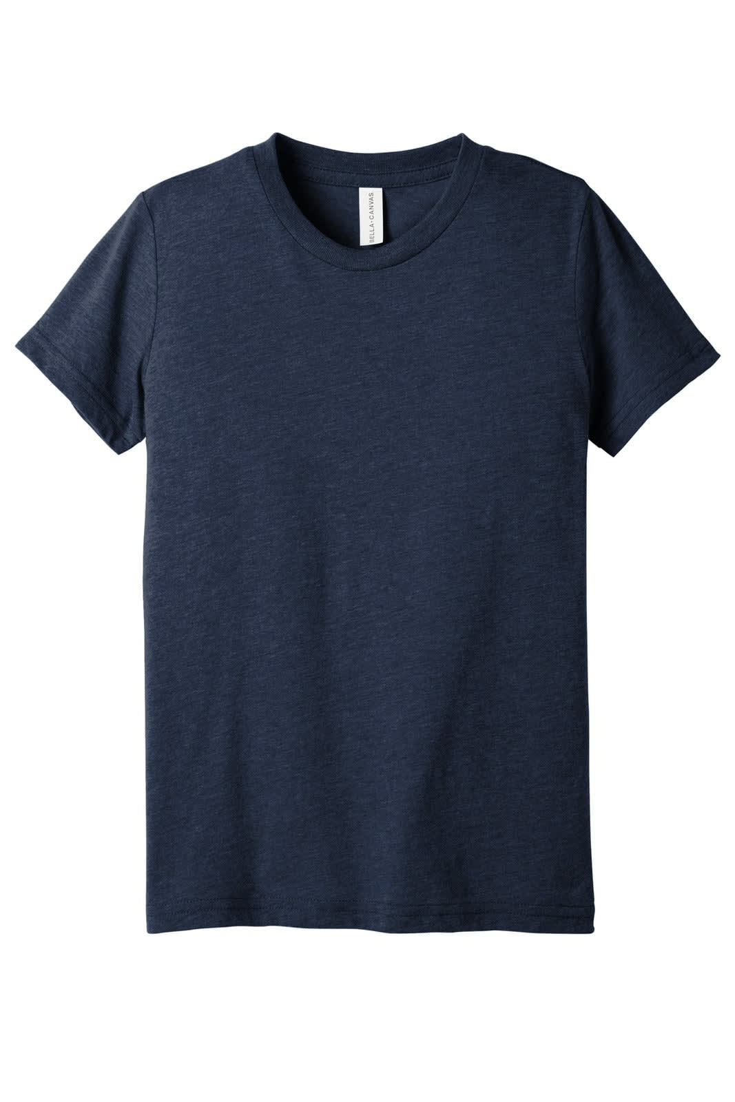 A navy blue youth triblend short sleeve tee with a simple design and a logo on the label.
