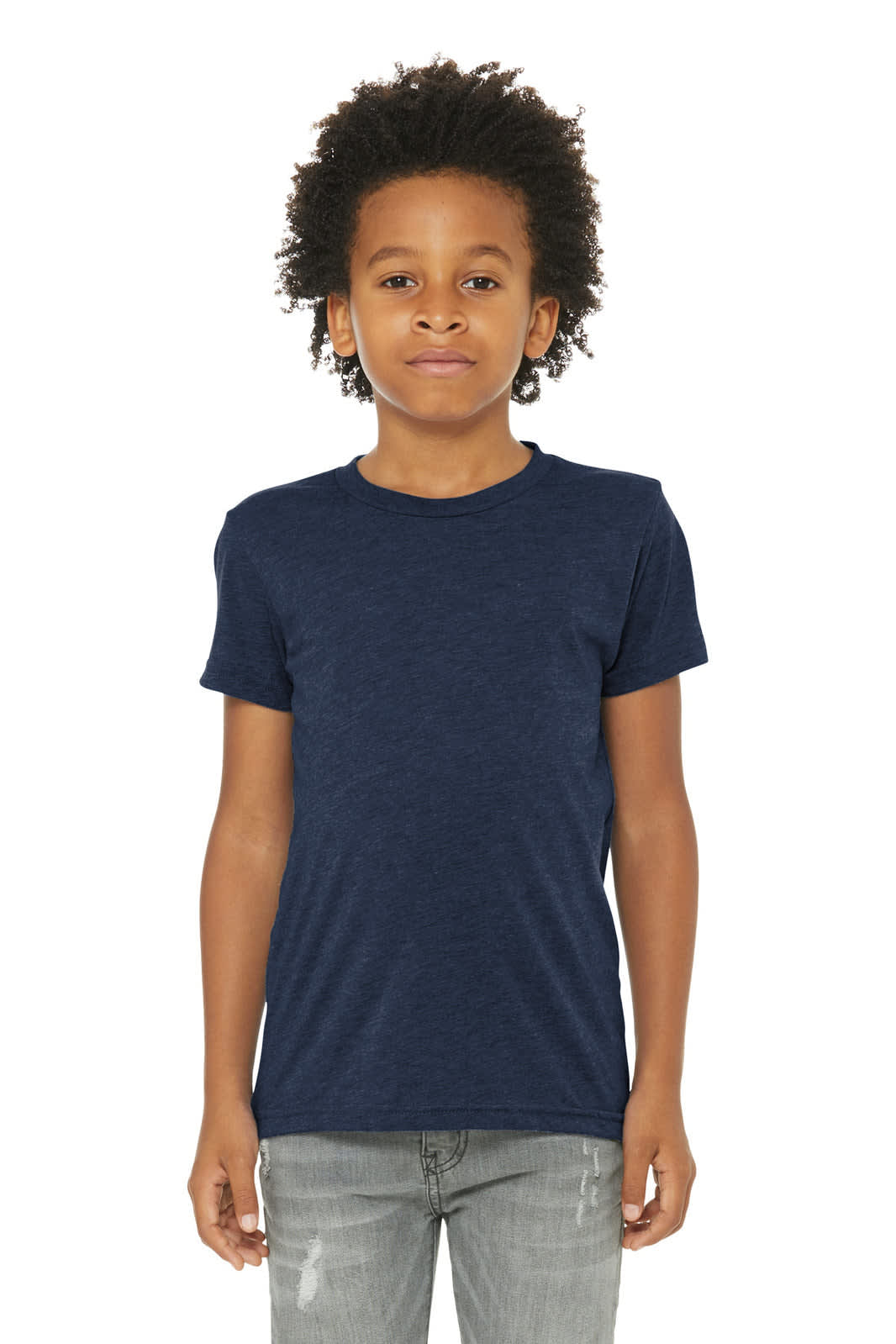 A youth in a navy blue short sleeve t-shirt, standing confidently. The tee has a simple design with a brand logo.