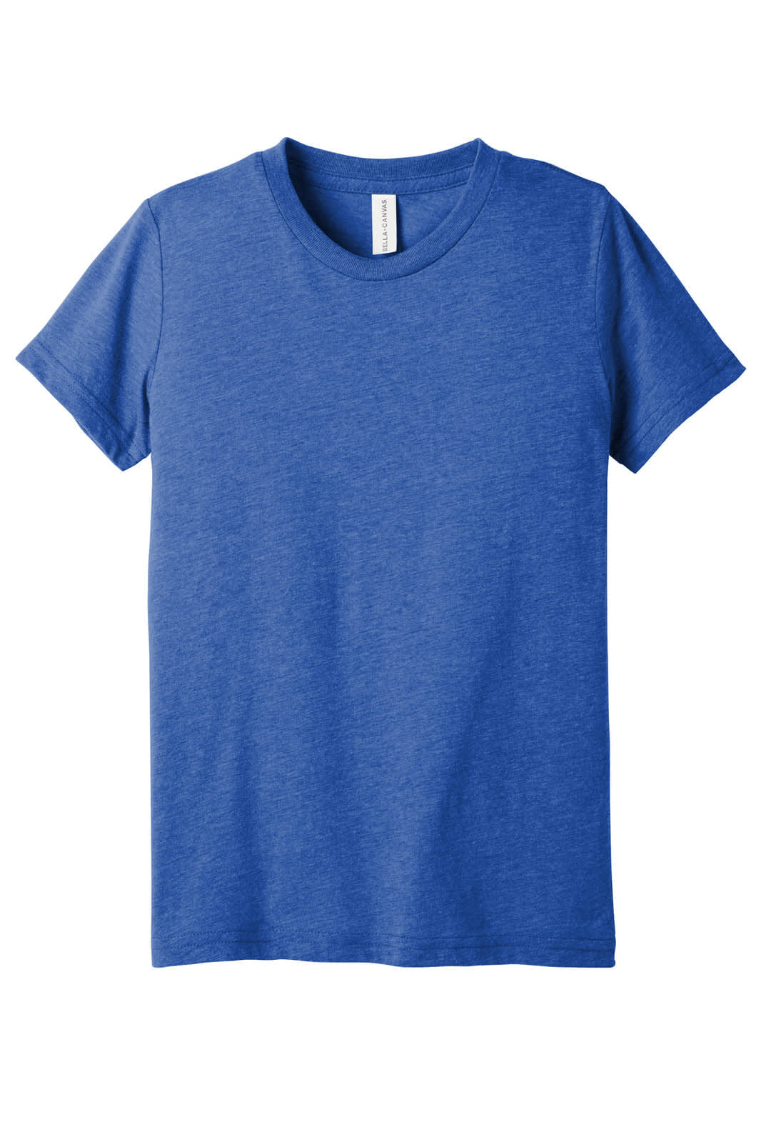 A blue youth triblend short sleeve tee with a tag and no visible logos.