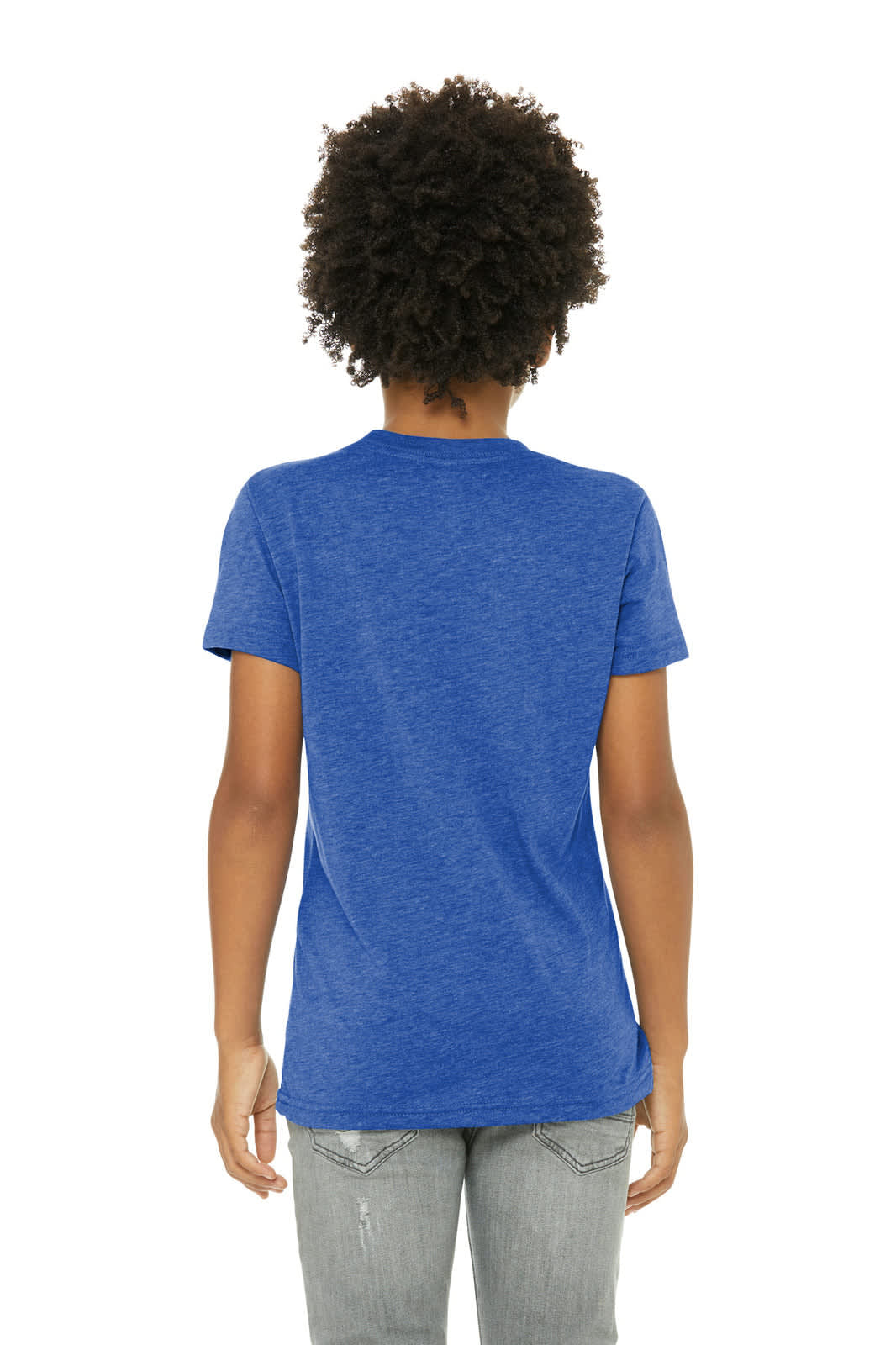 A blue youth triblend short sleeve tee displayed from the back on a model, featuring a simple design and a logo.