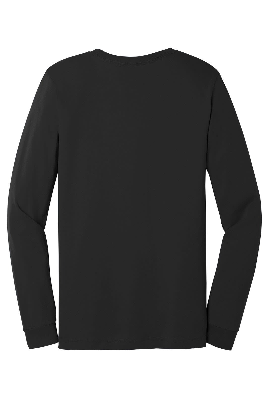 A black unisex jersey long sleeve tee featuring a plain back design and long sleeves.
