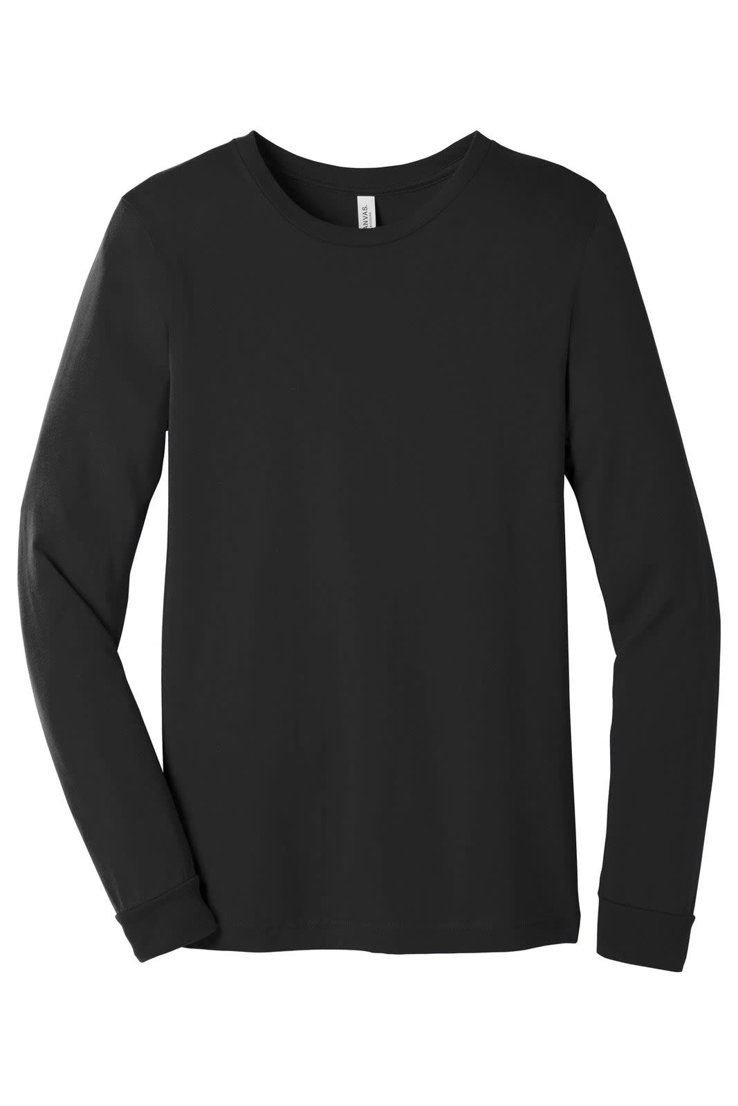A black unisex long sleeve t-shirt with a simple design and a visible logo on the tag.