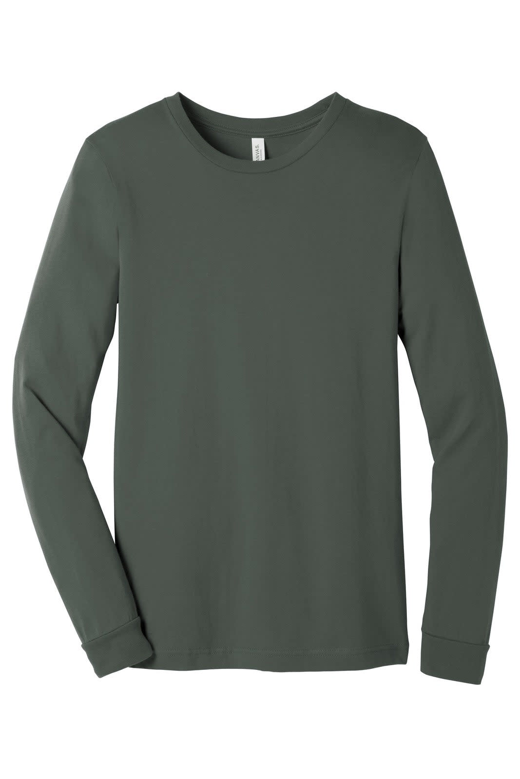 A unisex long sleeve tee in a muted green colour, featuring a crew neck and long sleeves. It has a logo.