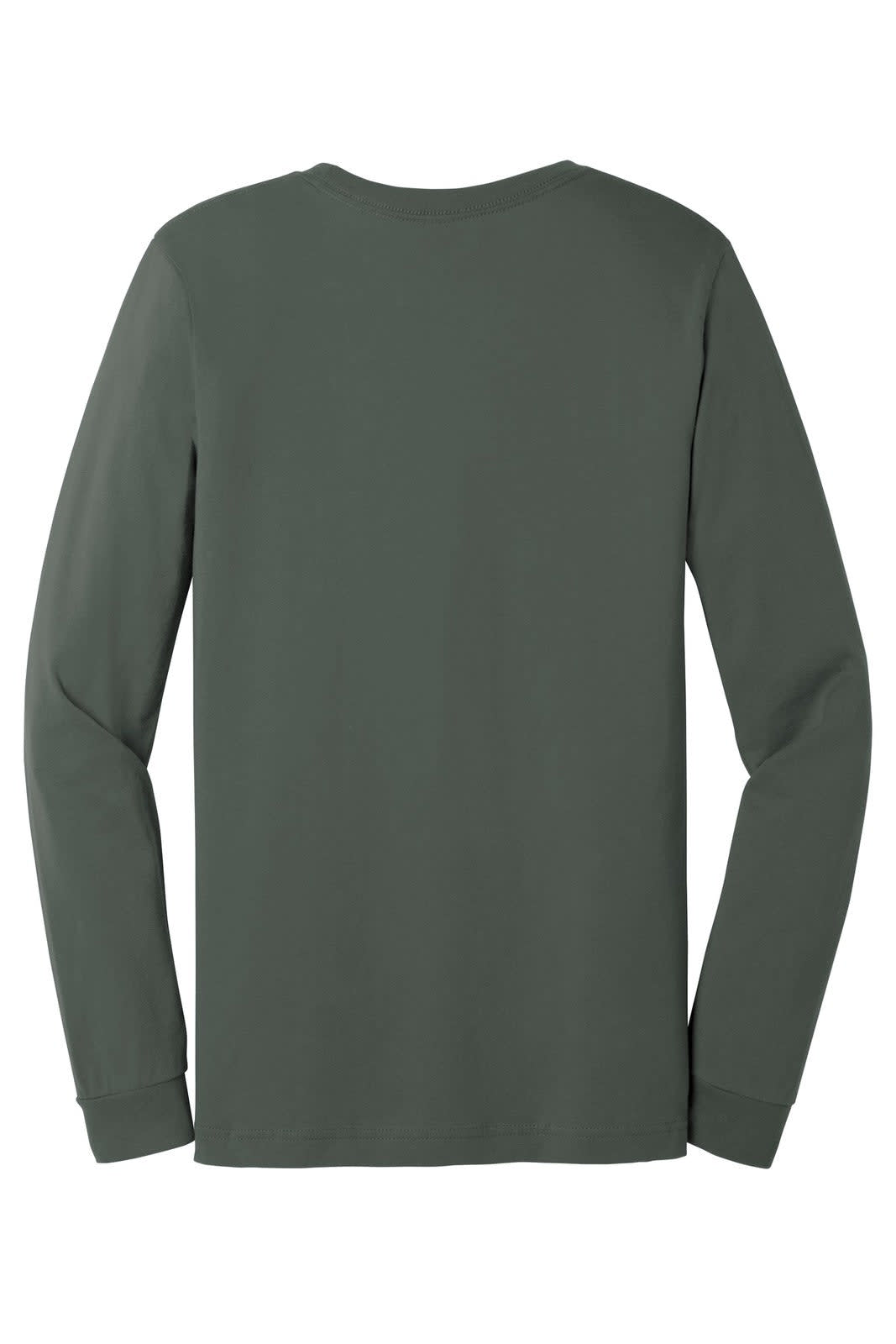 A unisex long sleeve tee in army green, featuring a plain back and a logo.