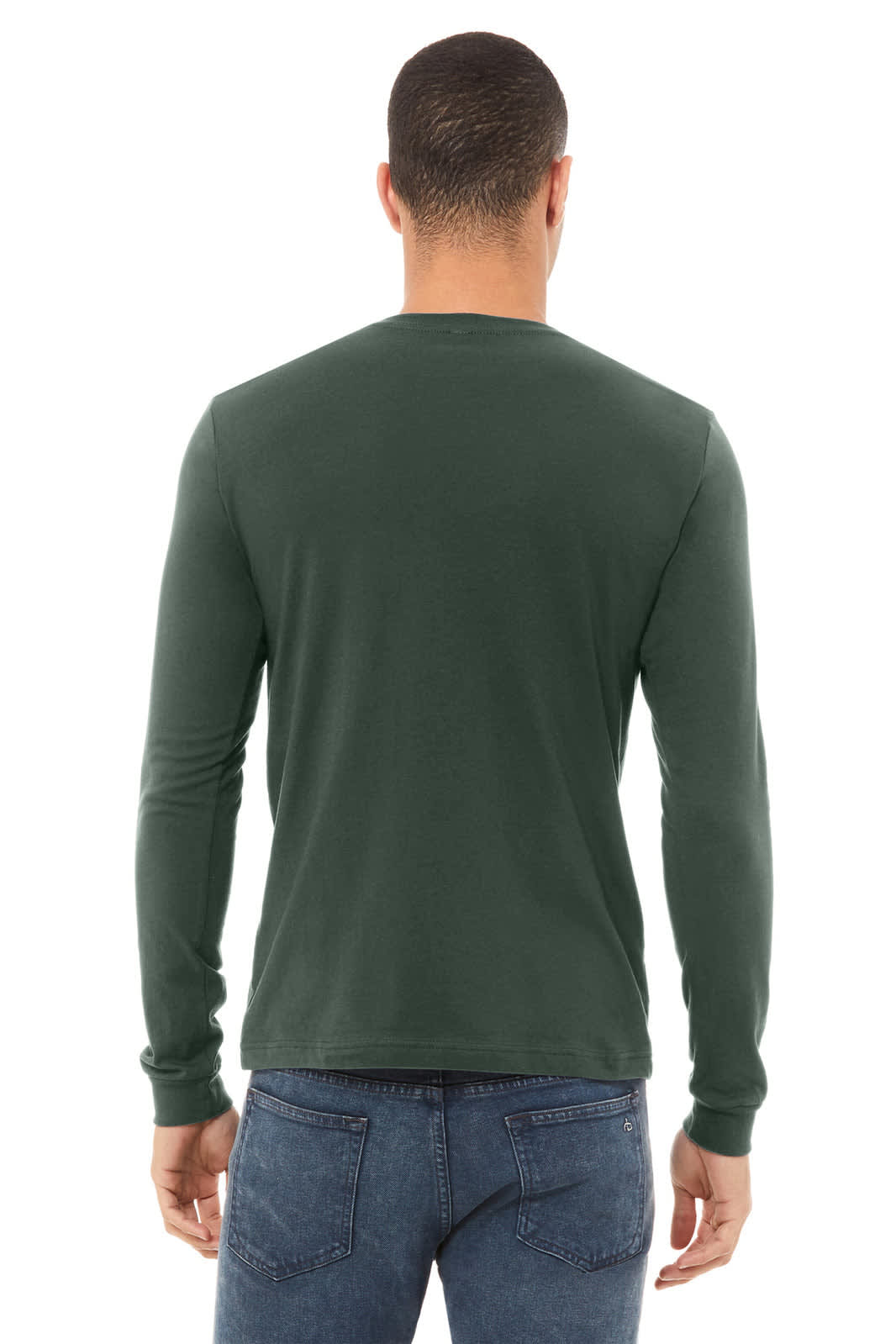 A unisex long sleeve tee in dark green, featuring a simple design and a logo at the back.