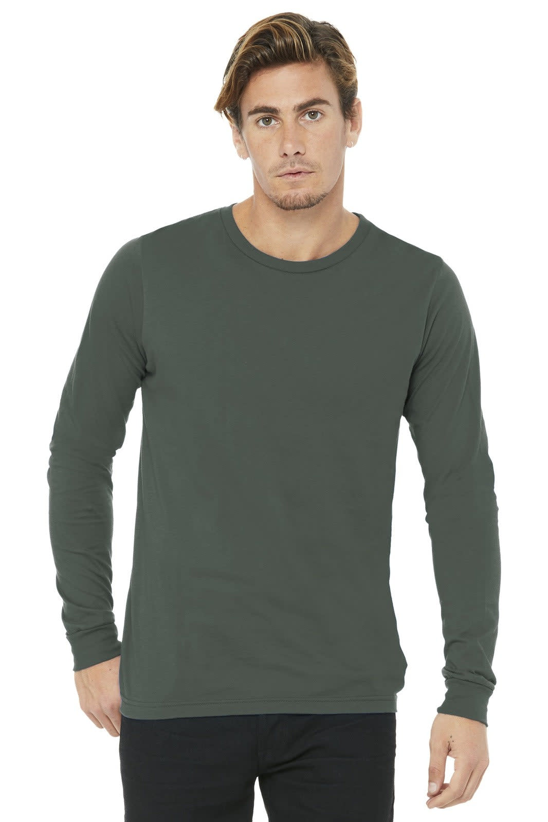 A unisex long sleeve tee in a dark green colour, featuring a simple design and branding.