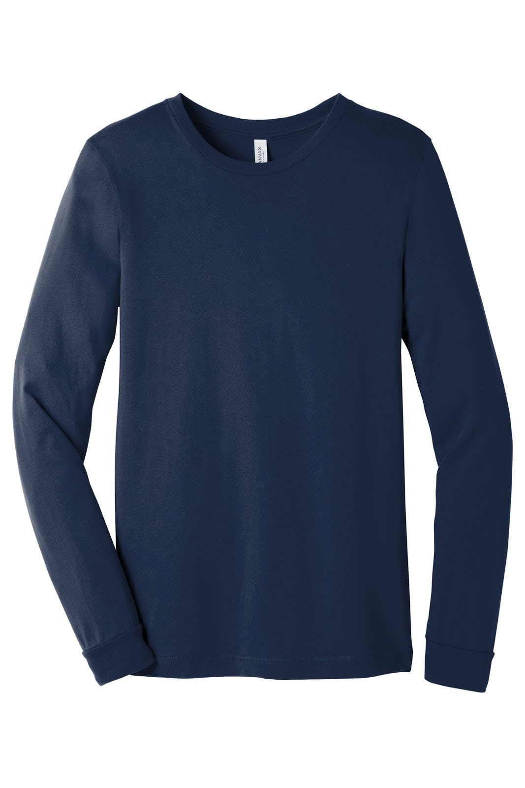 A navy unisex long sleeve tee featuring a crew neck and a branding logo.