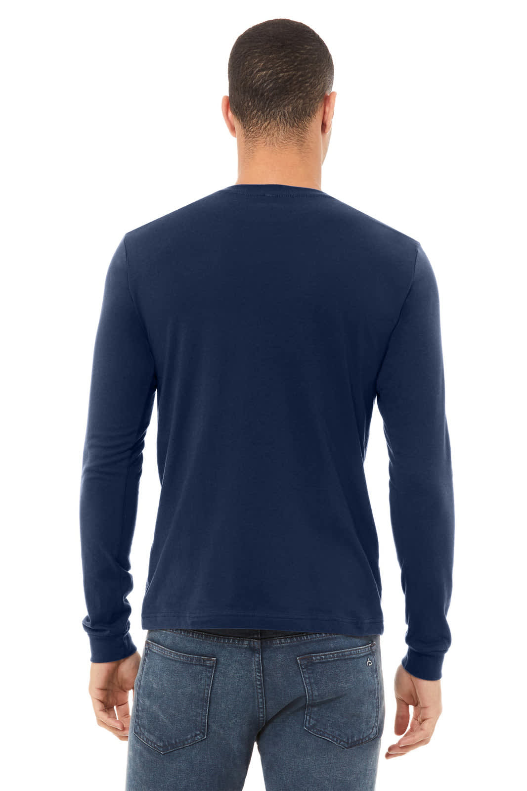 A navy unisex long sleeve T-shirt featuring a crew neck and a back view. It has a branding logo.