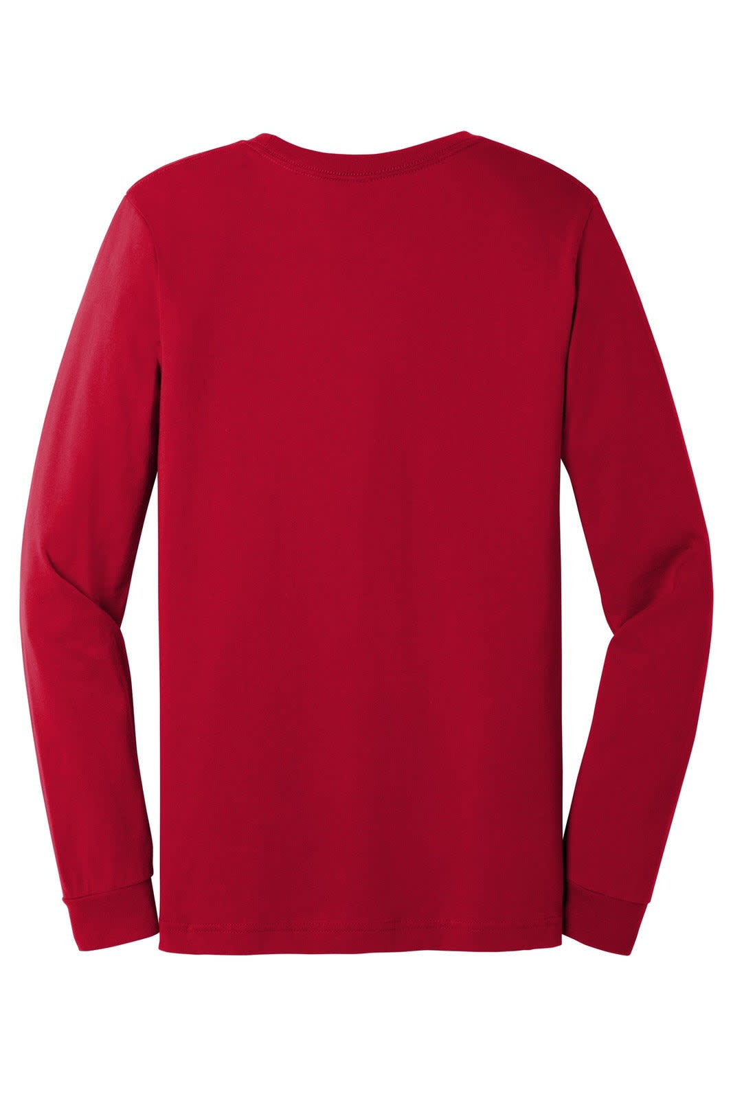 A red unisex long sleeve tee with a simple design and a logo on the back.