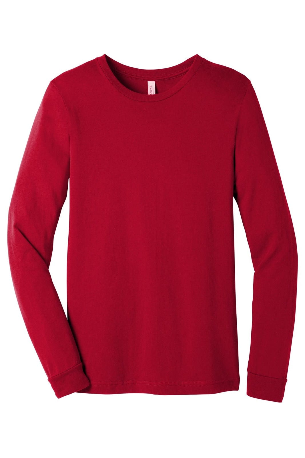 A red unisex long sleeve jersey tee with a plain design and a logo on the neckline.