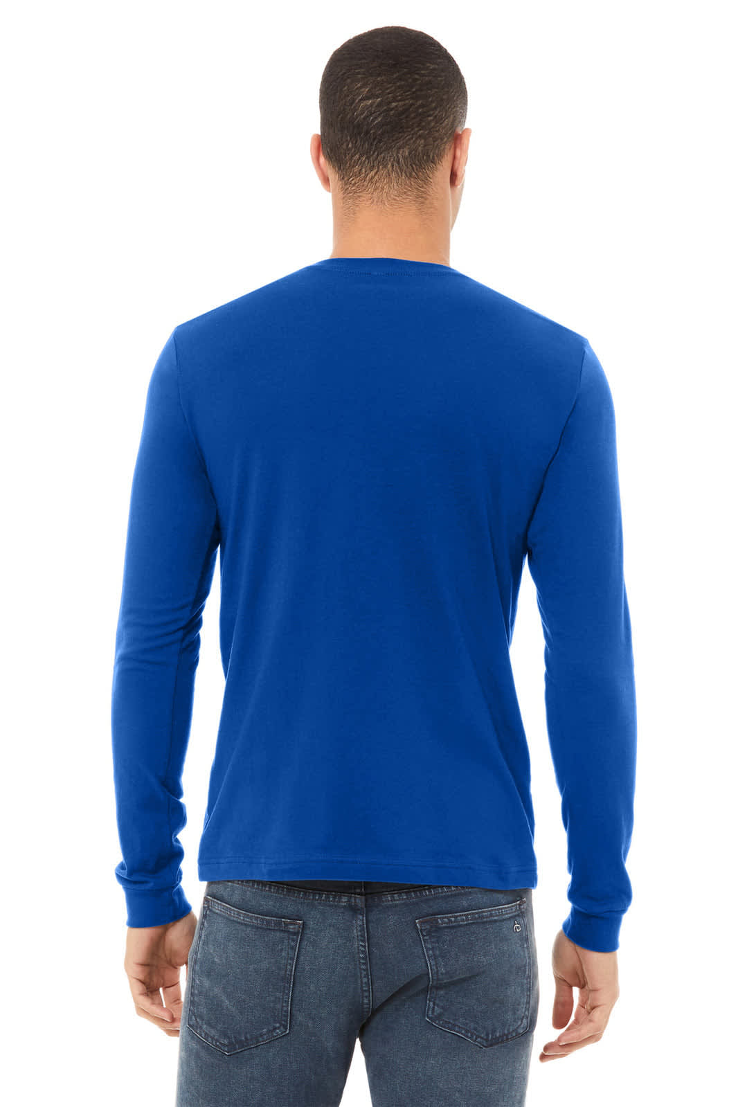 A unisex jersey long sleeve tee in bright blue, viewed from the back. Features a logo.